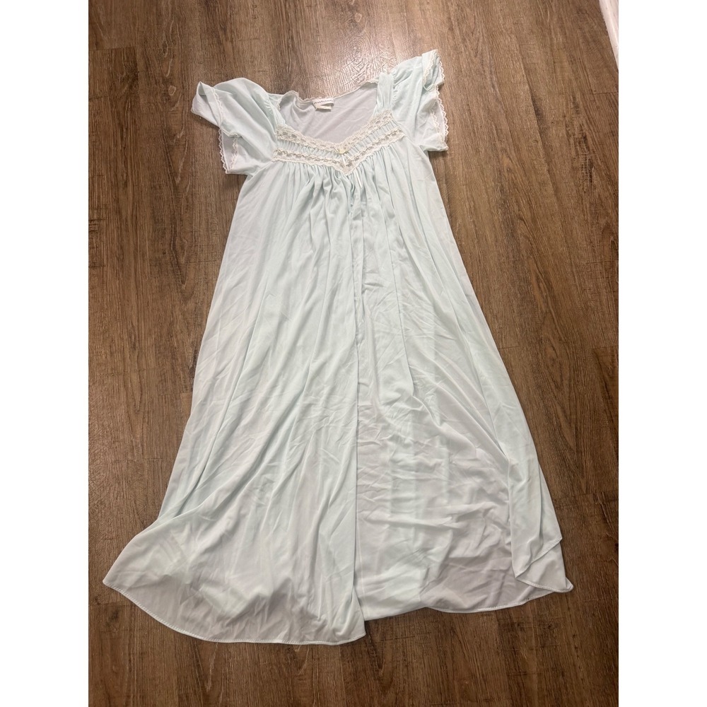 Miss Elaine Vintage Nightgown Small Light Blue Lace Trim Antron Nylon USA Made